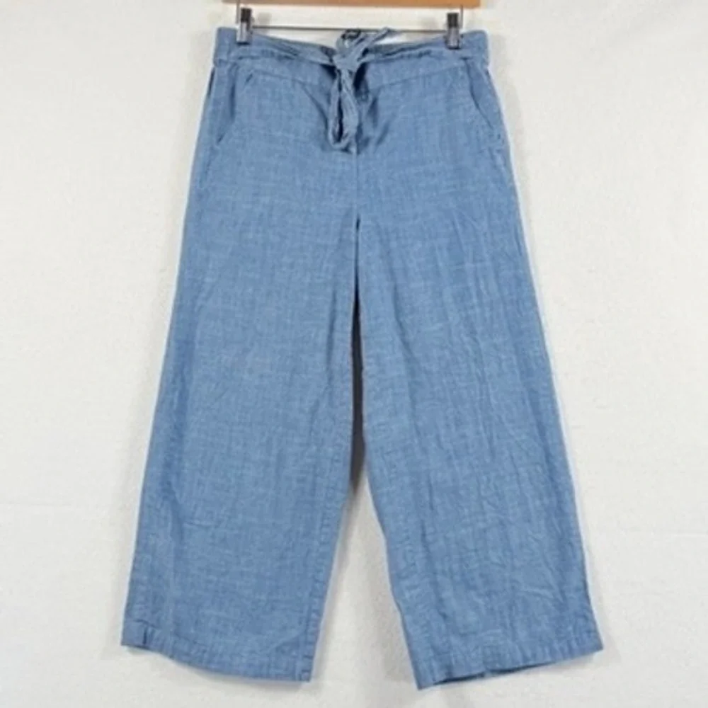 J. Crew Wide Leg Pants Womens 8 Blue Chambray Tie Waist Coastal Casual Travel